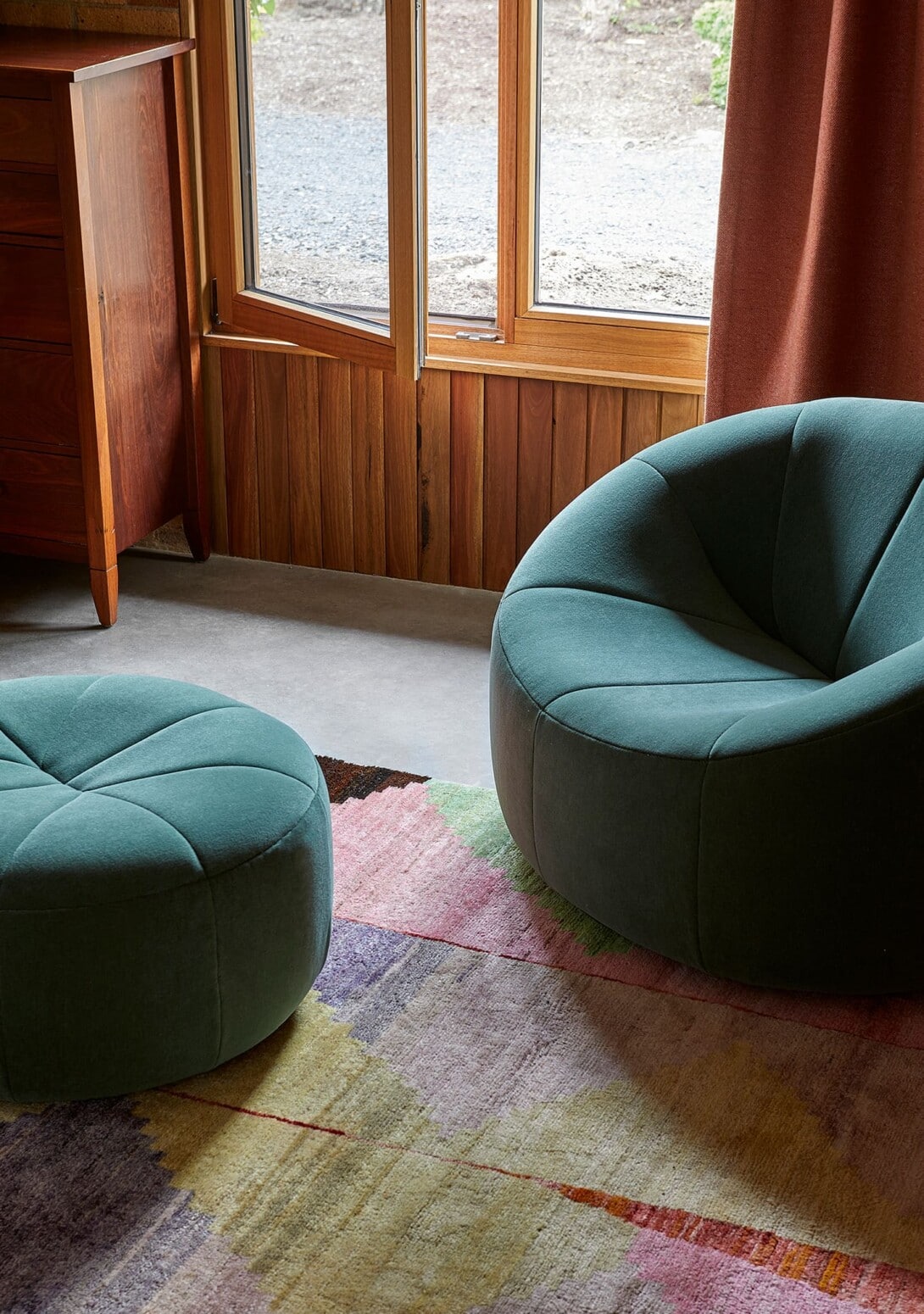 Pumpkin Armchair and Footstool teal green. Credit: Henry House by BEA+CO, The Local Project, Studio Martin, Derek Swalwell DOMO