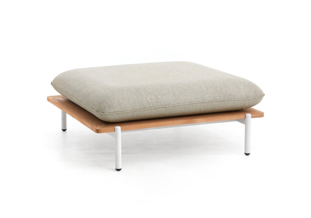 Kun Design Pillow outdoor Footstool: Fontelina 180 fabric, White frame with Teak base