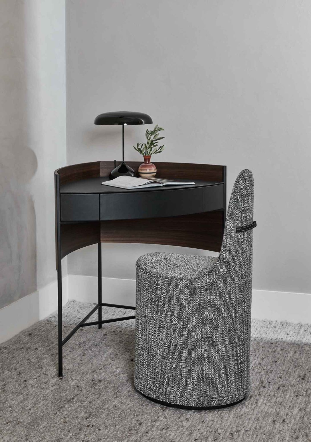 Designer contemporary corner desk black legs black metal dark wood one drawer Bloom Desk Presotto Landscape Upholstered Chair with Leather Back Strap