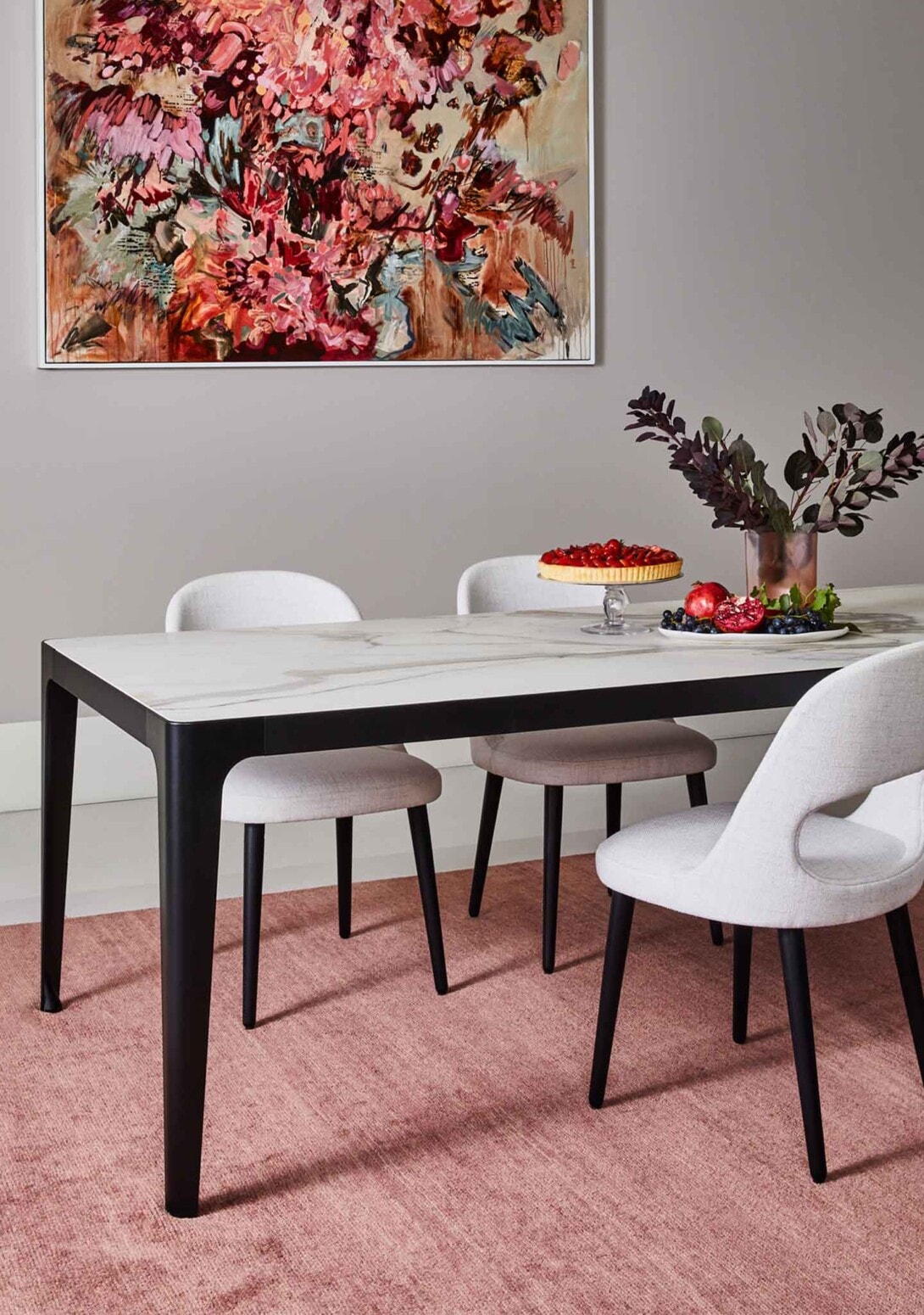 Contemporary Designer Dining Setting Dining Table Upholstered Dining Chairs Marble Calacatta Top Black Legs