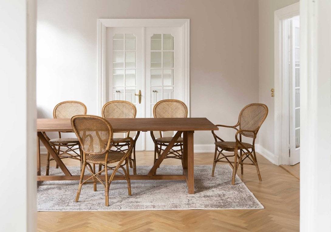Sika Design: Rossini rattan dining Armchair in Antique, Lucas teak Table DOMO rattan furniture care