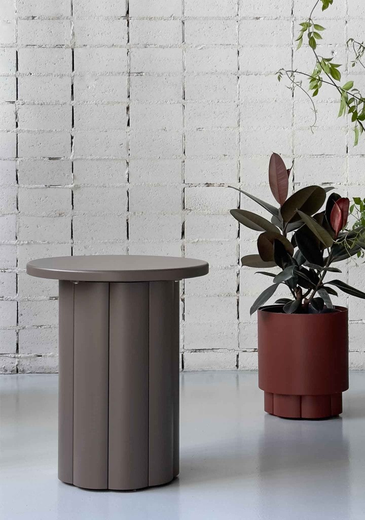 Kun Design: Lotus End Table Taupe and Planter in Terracotta