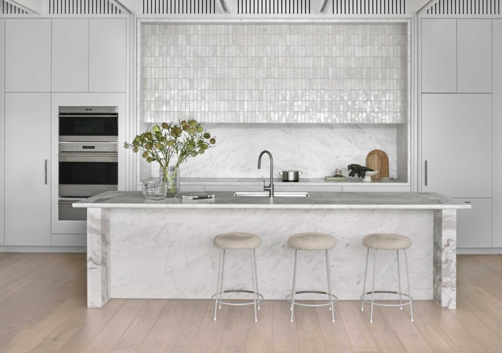 Contemporary sleek kitchen design, calm, coastal scheme